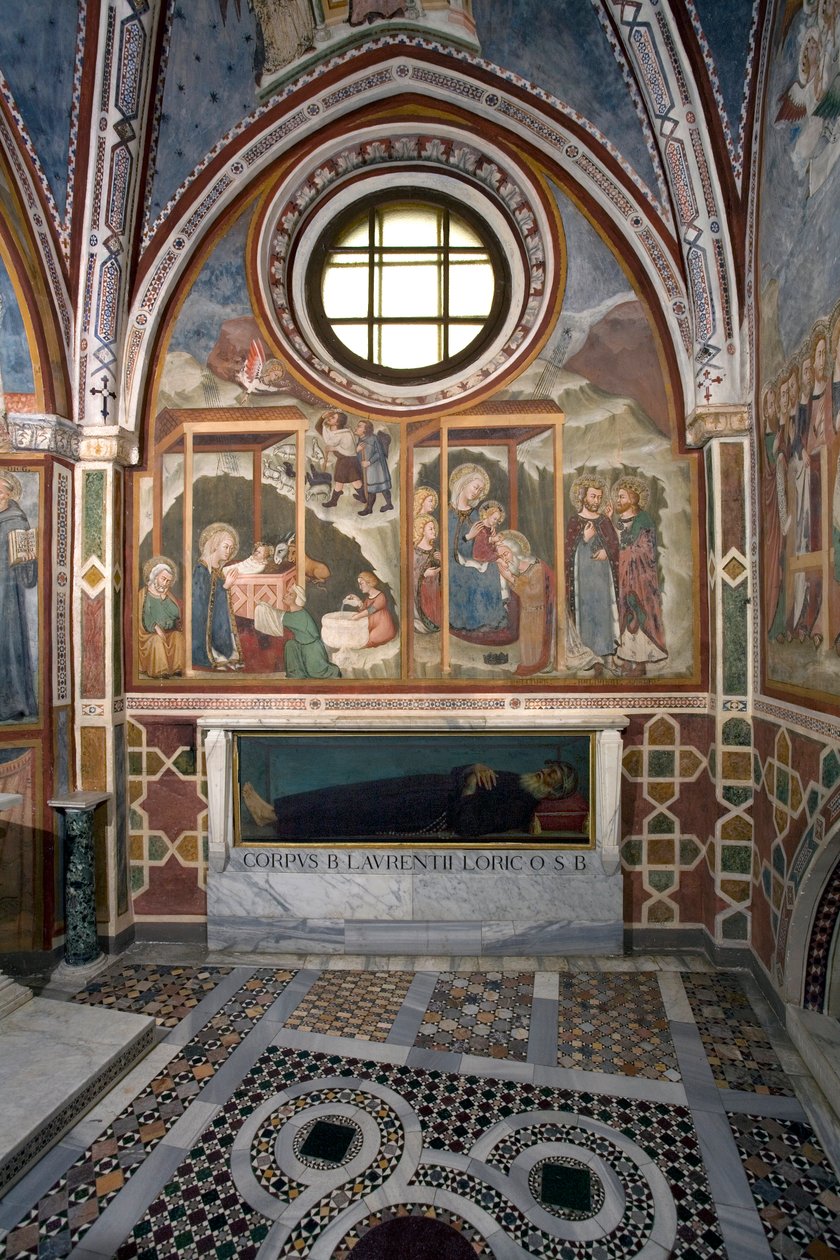 Narodzenia i Adoracji Szkoły Magi Fresco w Sienie. 14 wiek. Kaplica Najświętszej Marii Panny. Klasztor św Benedeta (Sacro Speco), Subiaco (Rzym), Włochy autorstwa Sienese School