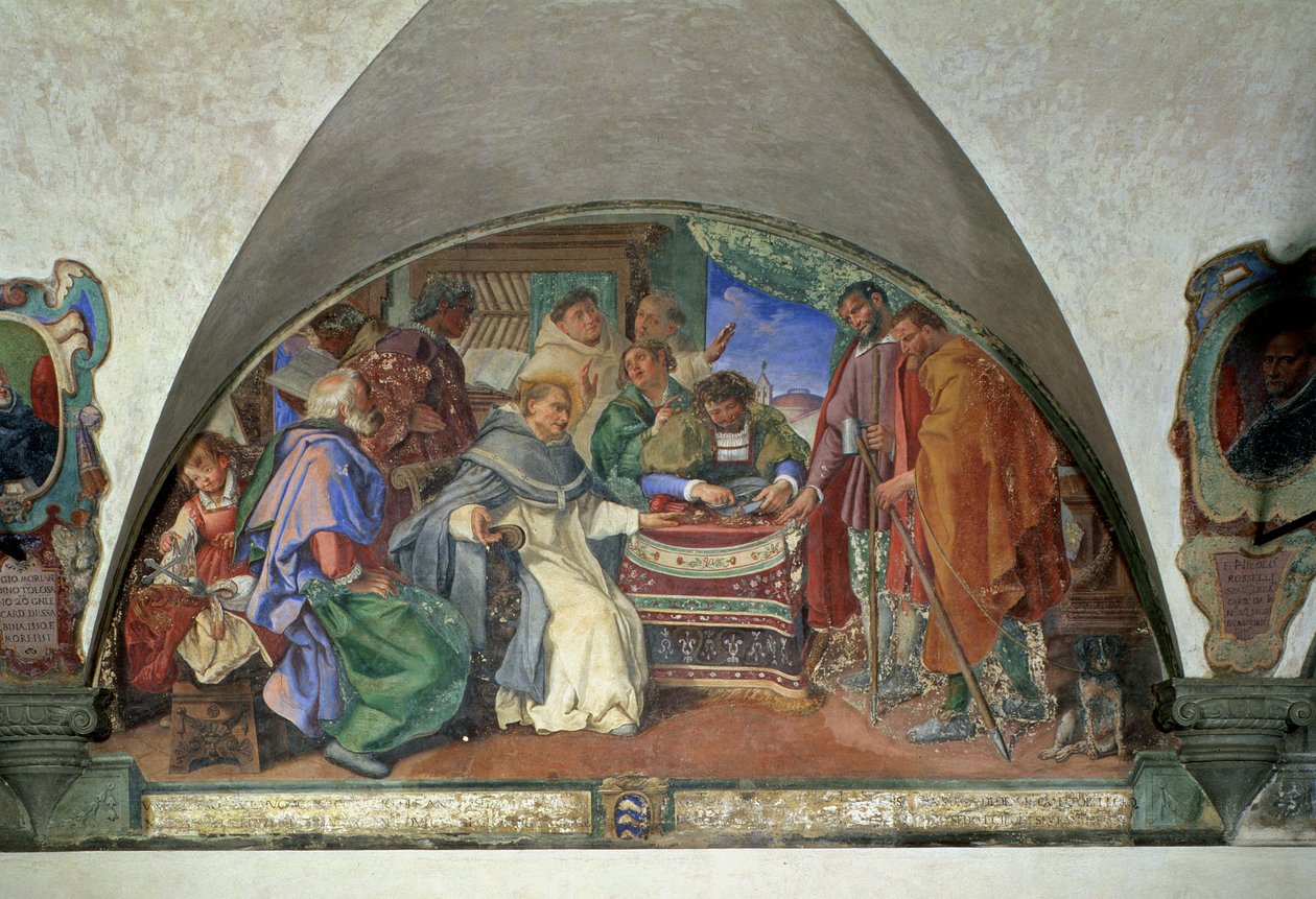 Św. Antonin odpędza dwóch fałszywych żebraków, luneta, 1613 autorstwa Sigismondo Coccapani