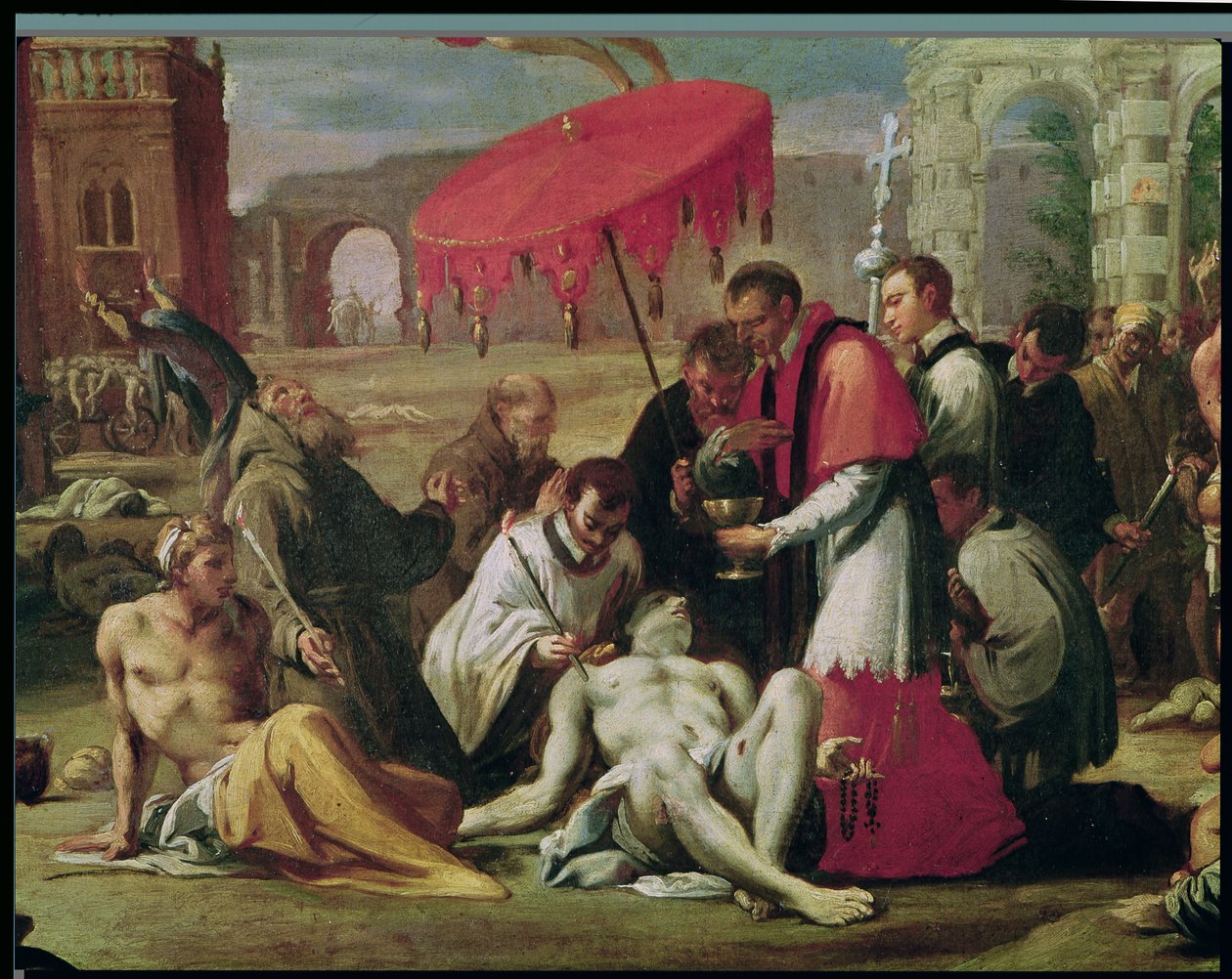 Św. Karol Boromeusz (1538-84) udzielający sakramentu ofiarom dżumy w 1576 r. (szczegóły z 78610) autorstwa Sigismondo Caula