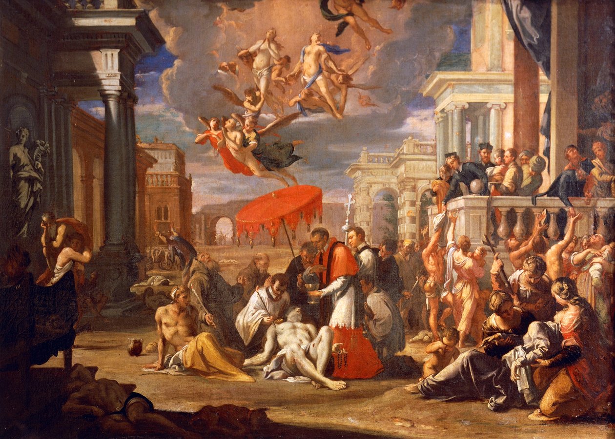 Św. Karol Boromero udzielający Komunii Świętej ofiarom zarazy w 1576 r., Zygmunt Caula (1637-1713), olej na płótnie, 97x147 cm autorstwa Sigismondo Caula
