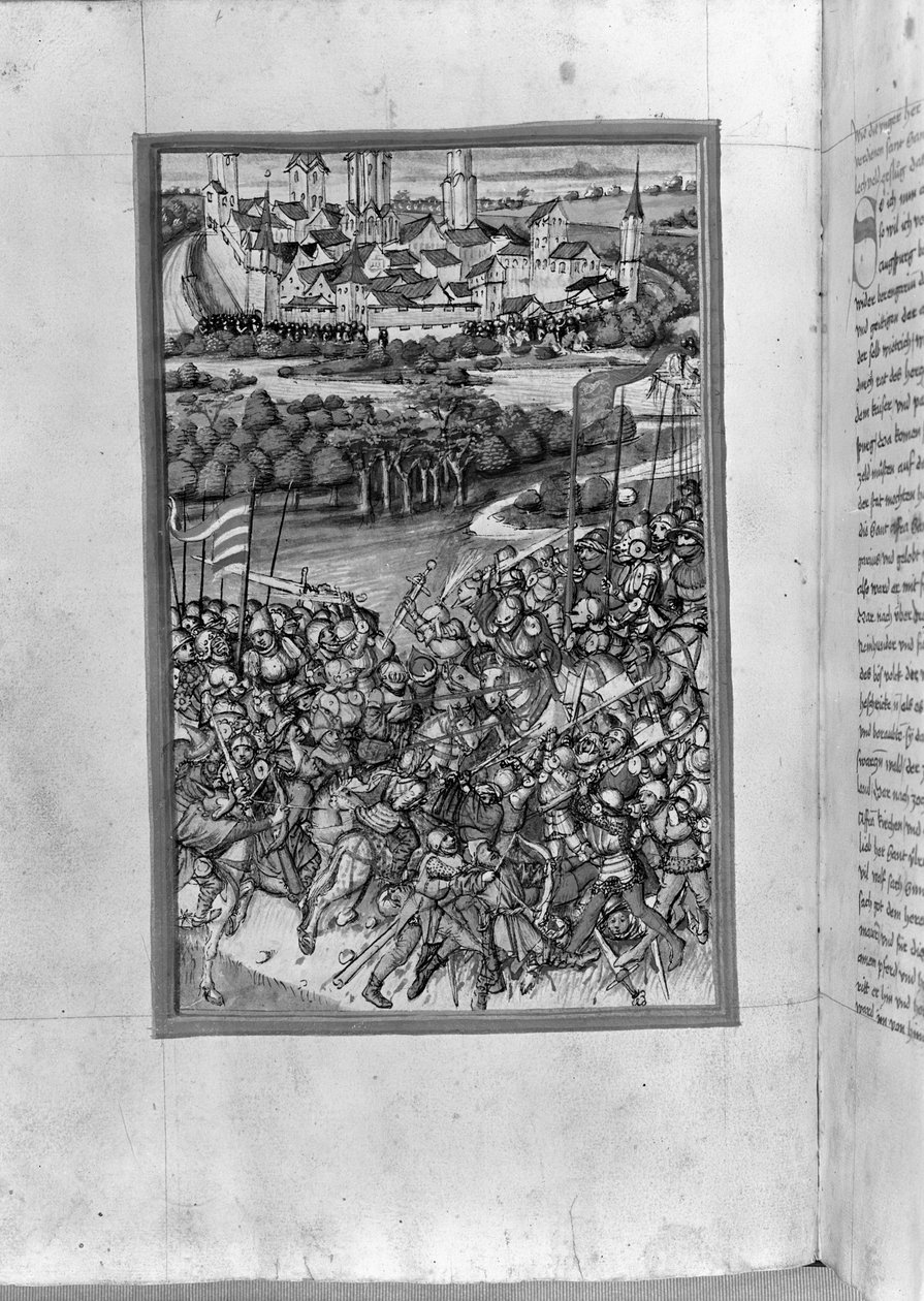 HB V 52 fol. 70v Ilustracja bitwy pod Lechfeld, z Kroniki Augsburga, 1457 autorstwa Sigismund Meisterlin