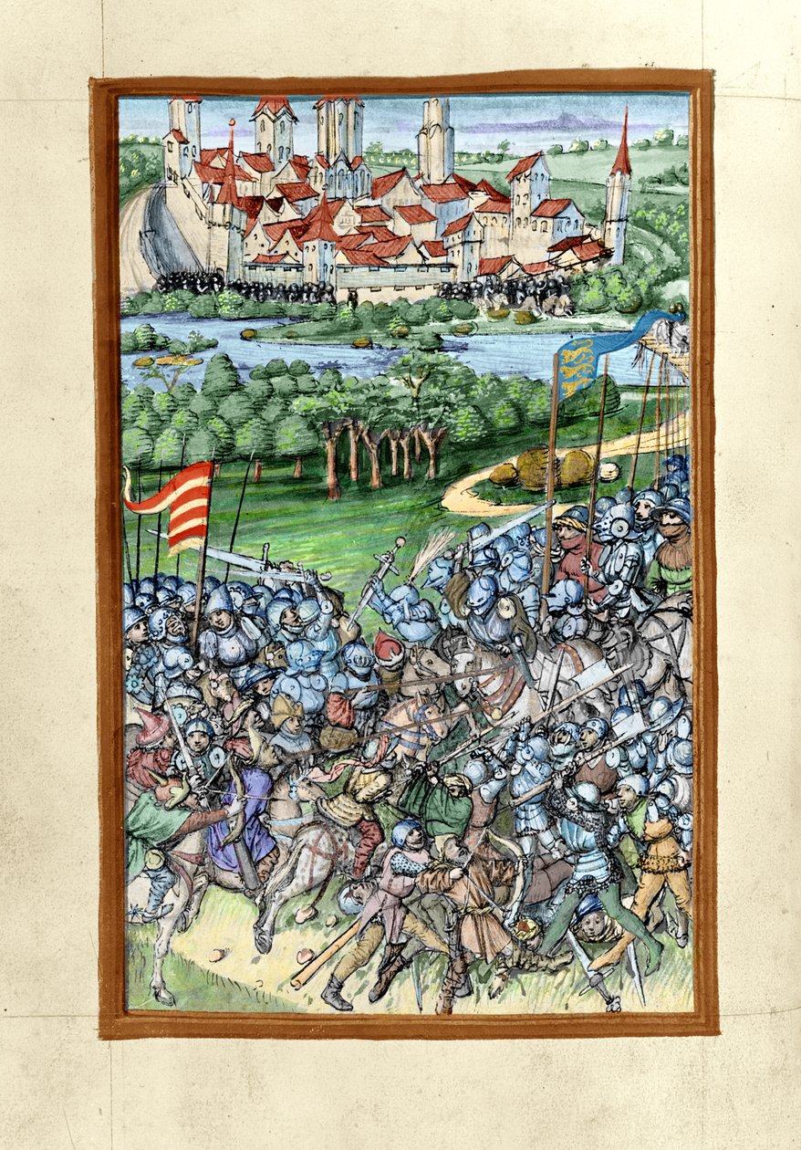HB V 52 fol. 70v Ilustracja bitwy pod Lechfeld, z Kroniki Augsburga, 1457 (wersja kolorowa 293598) autorstwa Sigismund Meisterlin