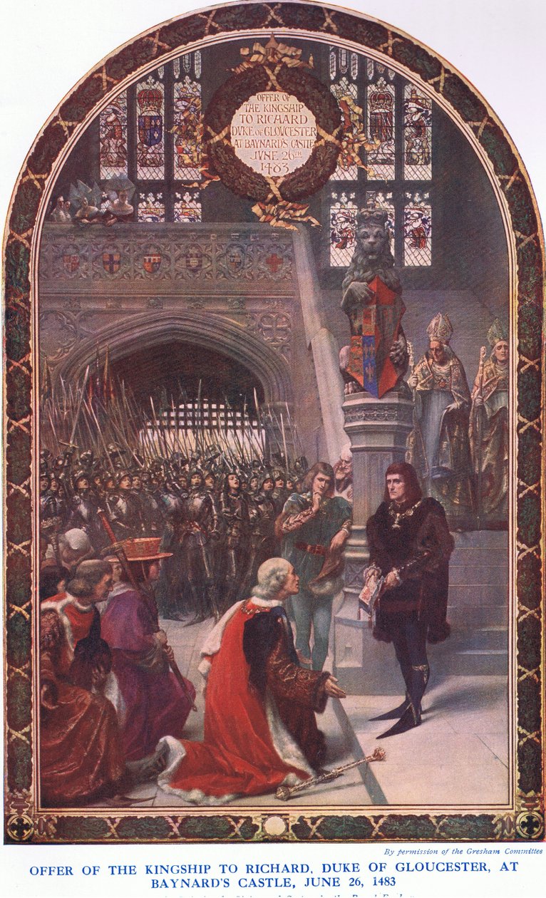 Oferta królewskości dla Richarda Duke of Gloucester w Baynards Castle, 26 czerwca 1483, z Cassells History of the British People opublikowanej przez Waverley Book Company Limited, c.1940 autorstwa Sigismund Christian Hubert Goetze