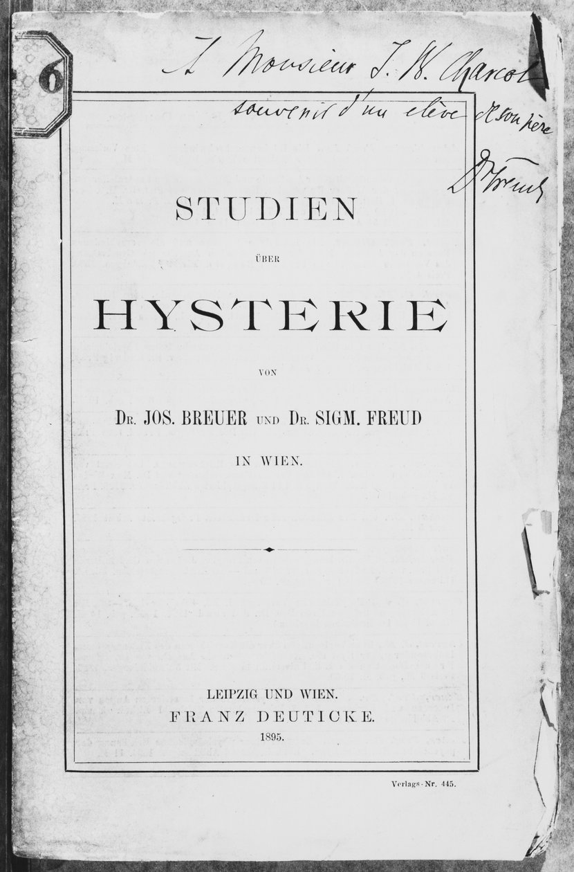 Przednia okładka "Studien uber Hysterie" Josefa Breuera (1842-1925) i Freuda, dedykowana Jeanowi Charcotowi (1867-1936) Lipsk i Wiedeń, wydana przez Franza Deuticke, 1895 autorstwa Sigmund Freud