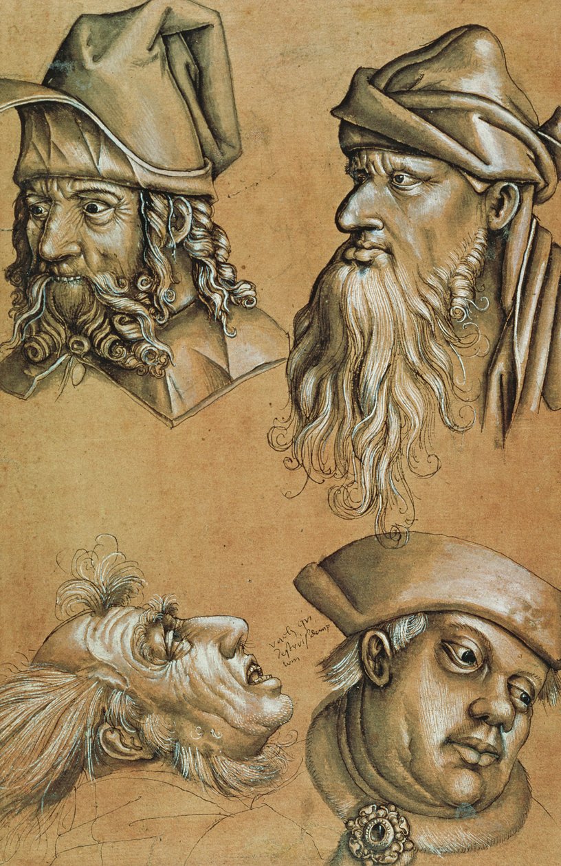 Studia Czterech Głowic do Serii Pasja (pióro i tusz, wash i bodycolor na papierze) autorstwa Sigmund Holbein
