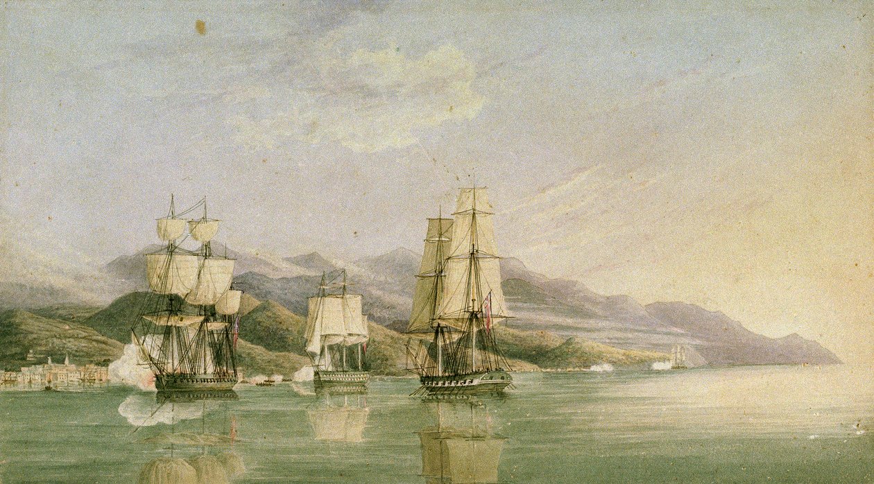 Atak na konwój osiemnastu francuskich statków handlowych w Laigrelia i Alassio, 27 czerwca 1812 r., początek XIX w. (pióro, tusz, grafit, akwarela) autorstwa Silas Thomson (attr.to) Hood