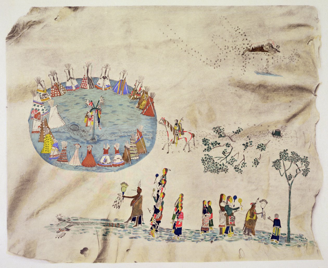Shoshone Sun Dance (pigment na skórze jelenia) autorstwa Silver  Horn