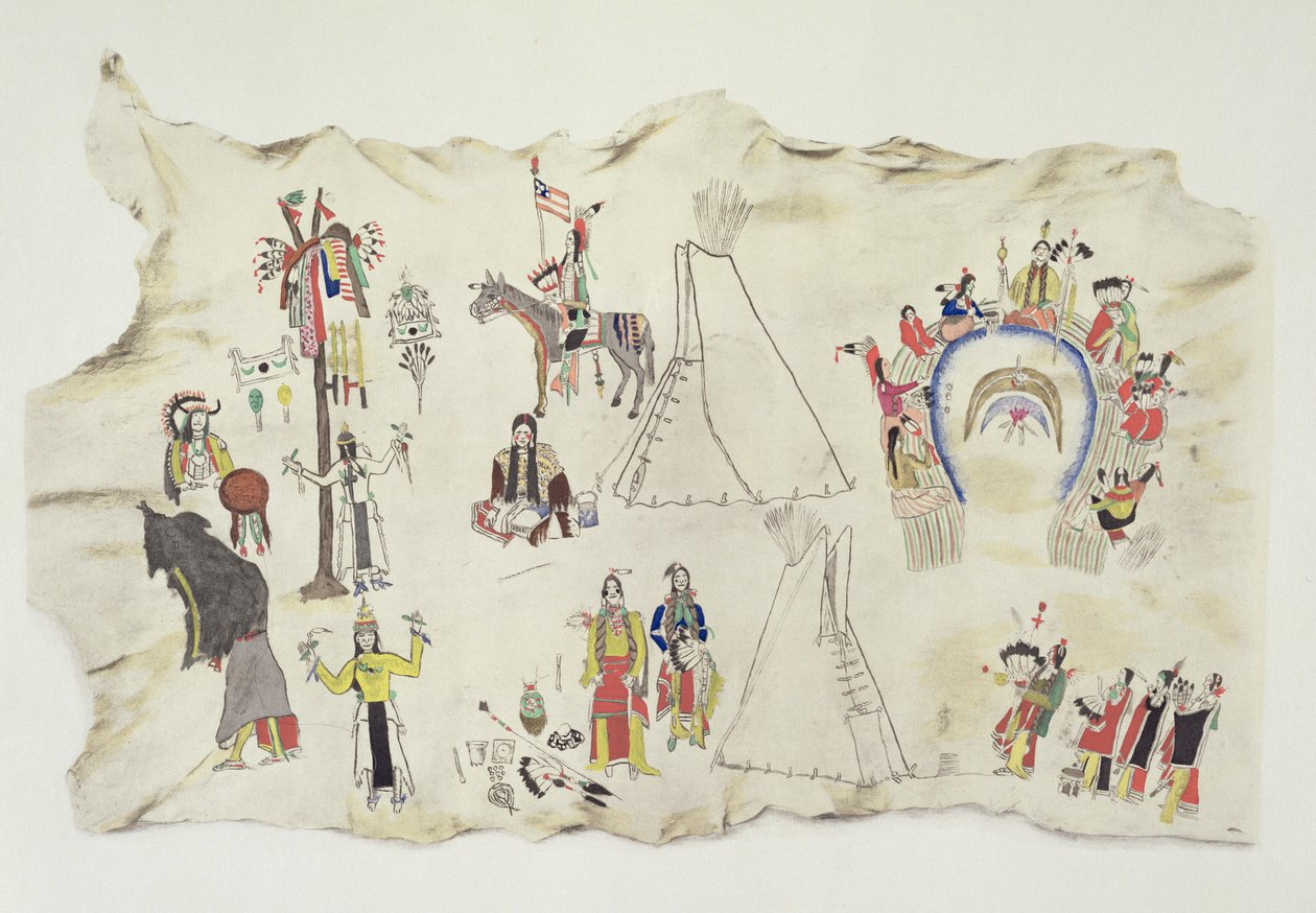 Taniec słońca Shoshone i kult pejotlowy (pigment na skórze jelenia) autorstwa Silver Horn