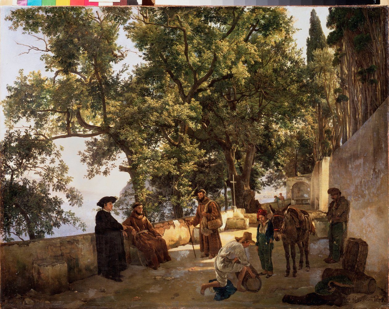Taras na brzegu, niedaleko Sorrento (Sorrento, Włochy) (rozmawiający mnisi kapucyni i mężczyzna ładujący osła małymi beczkami) - Taras na brzegu morza, Cappuccini niedaleko Sorrento - Obraz Sylwestra Fiodosijewicza Szczedrina (Sylv autorstwa Silvestr Fedosievich Shchedrin
