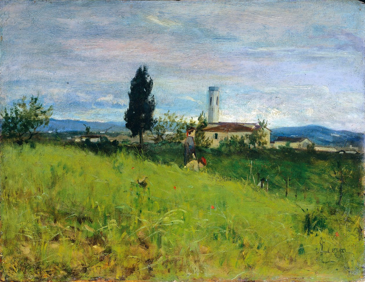 Kościół na wsi, Silvestro Lega (1826-1895), olej na desce, 29x38 cm autorstwa Silvestro Lega