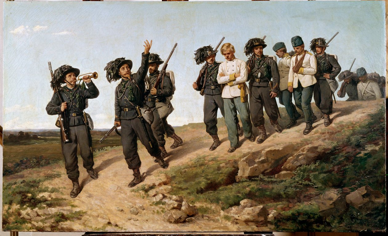 Odcinek kampanii włoskiej w 1859 r.: „”Austriaccy jeńcy wojenni otoczeni bersaglierami (bersaglieri)”” Obraz Silvestro Lega (1826-1895) 1861 nd. 57,5 x 95 cm Florencja, Galleria d