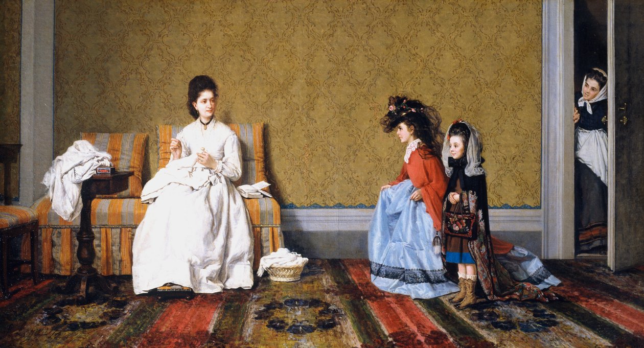 Dziewczyny opiekujące się damami, Silvestro Lega (1826-1895), olej na płótnie, 59x111 cm autorstwa Silvestro Lega