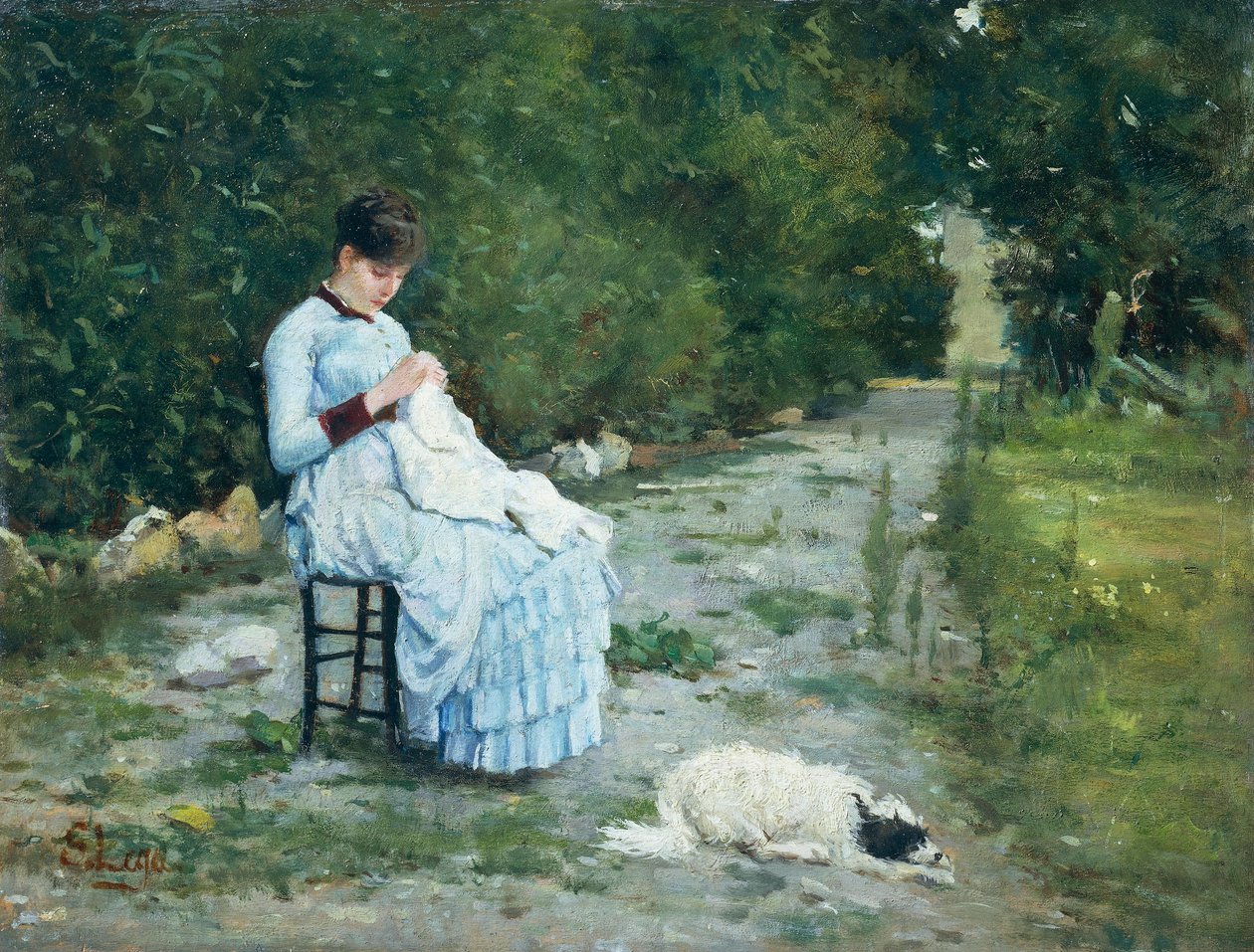 W ogrodzie, Silvestro Lega (1826-1895), olej na desce, 29x38 cm autorstwa Silvestro Lega