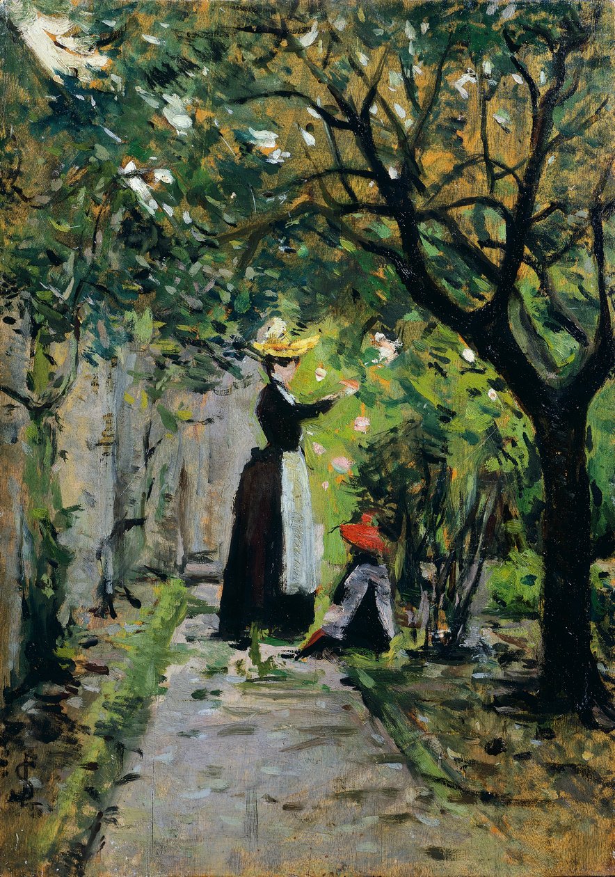 W ogrodzie różanym, autor Silvestro Lega (1826-1895), olej na desce, 36,5x25,5 cm autorstwa Silvestro Lega