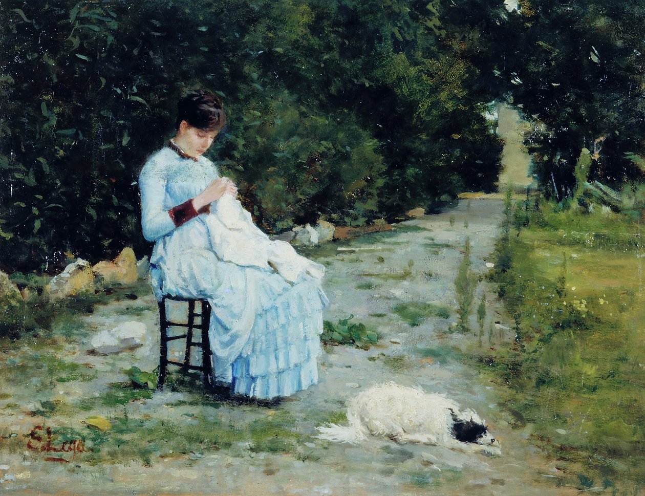 W ogrodzie, ok. 1883 (olej na płycie) autorstwa Silvestro Lega
