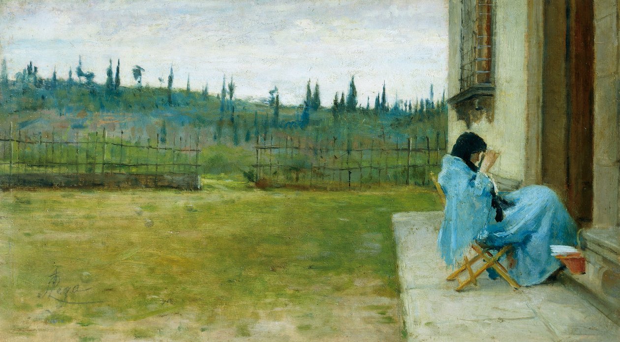 Dama przy pracy, Silvestro Lega (1826-1895), olej na płótnie, 22x40 cm autorstwa Silvestro Lega