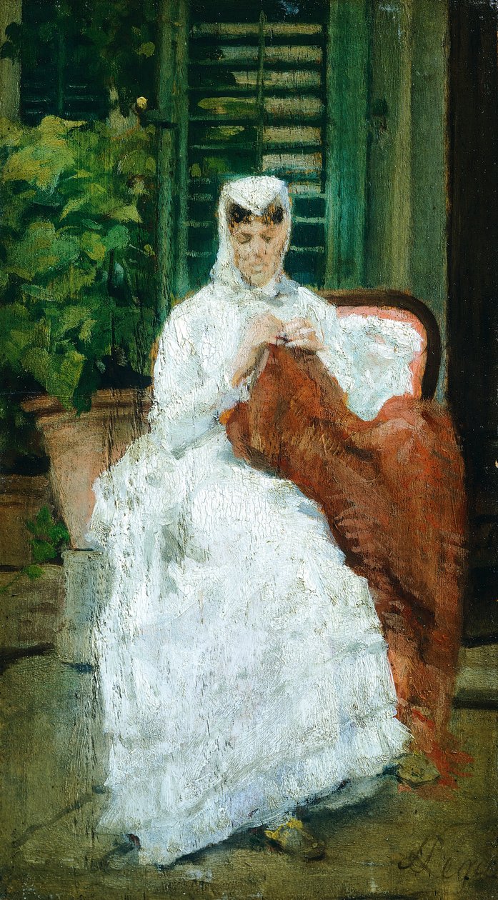Szycie damskie, Silvestro Lega (1826-1895), Olej na desce, 27,5x15,5 cm autorstwa Silvestro Lega