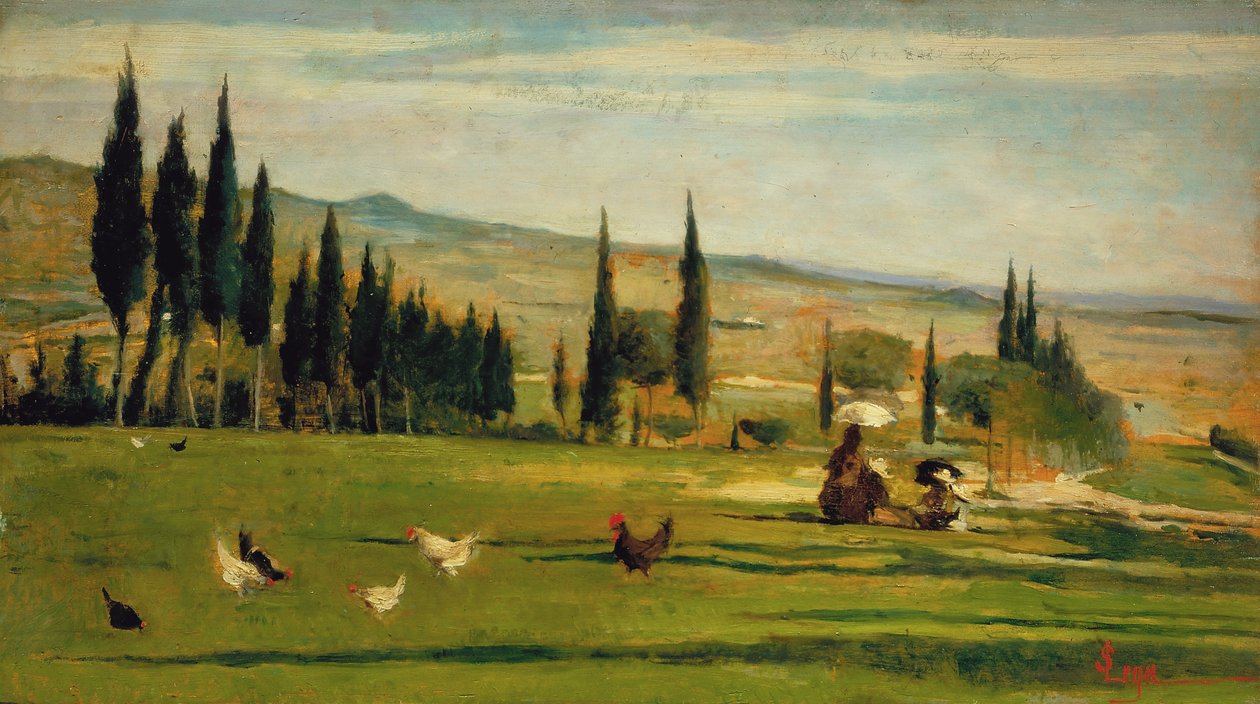Krajobraz wokół miasta Gabbro, ok. 1889-90 (olej na płycie) autorstwa Silvestro Lega