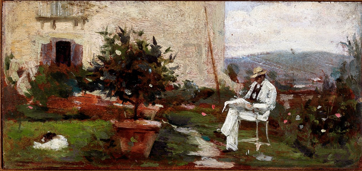 Luigi Tommasi w swoim ogrodzie (Malarstwo na drewnianym pudełku autorstwa Silvestro Lega