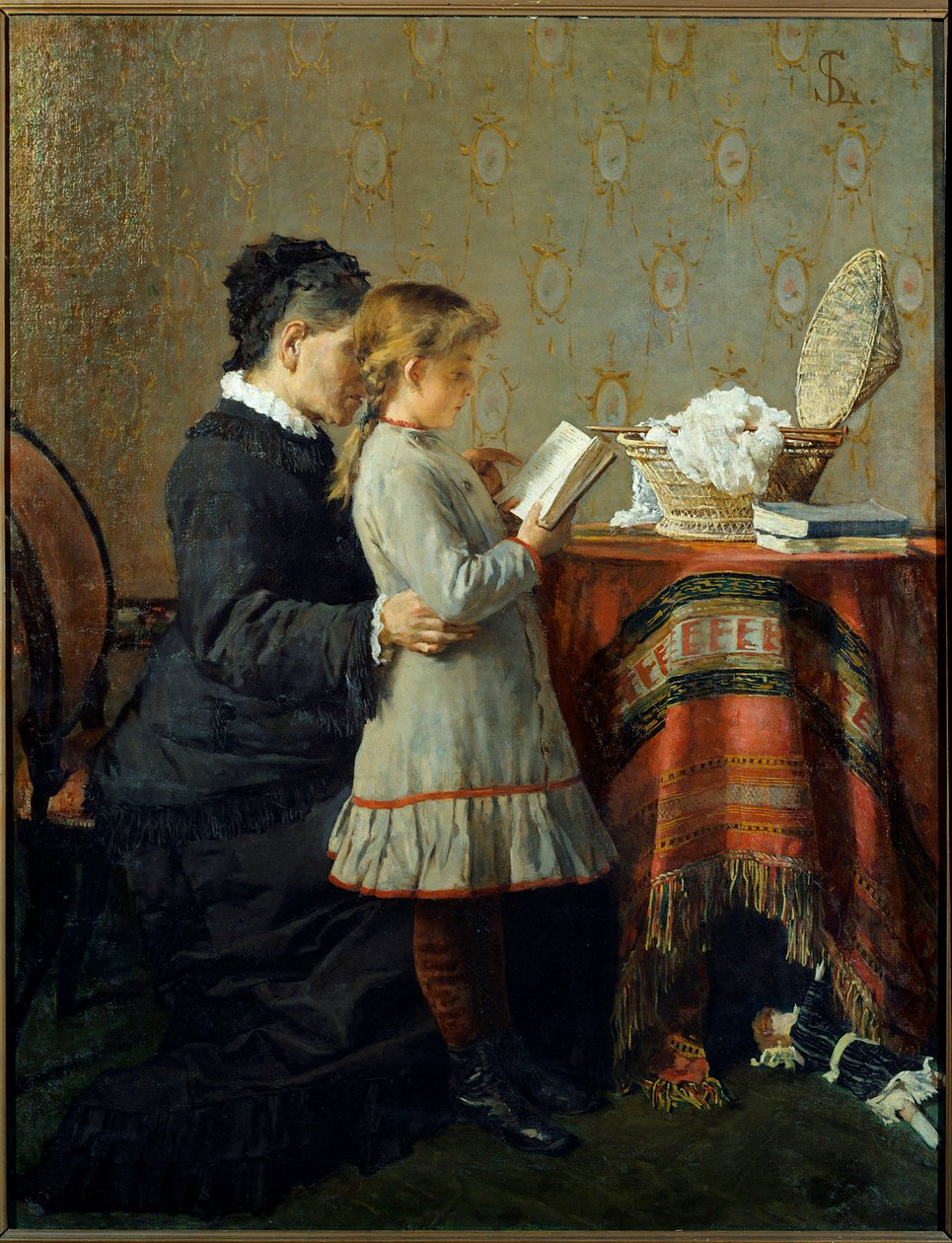 Lekcja czytania. Pielęgniarka uczy się czytać małej dziewczynce. Obraz Silvestro Lega (1826-1895) Ec. Włochy autorstwa Silvestro Lega