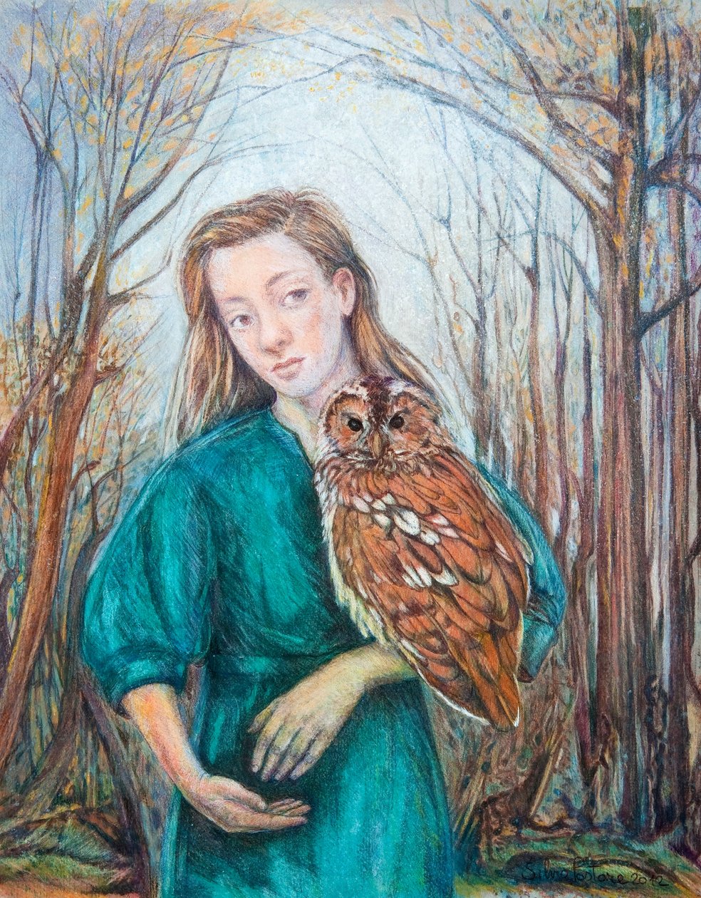 Dziewczyna z sową, 2012 (akwarela z pastelem) autorstwa Silvia Pastore