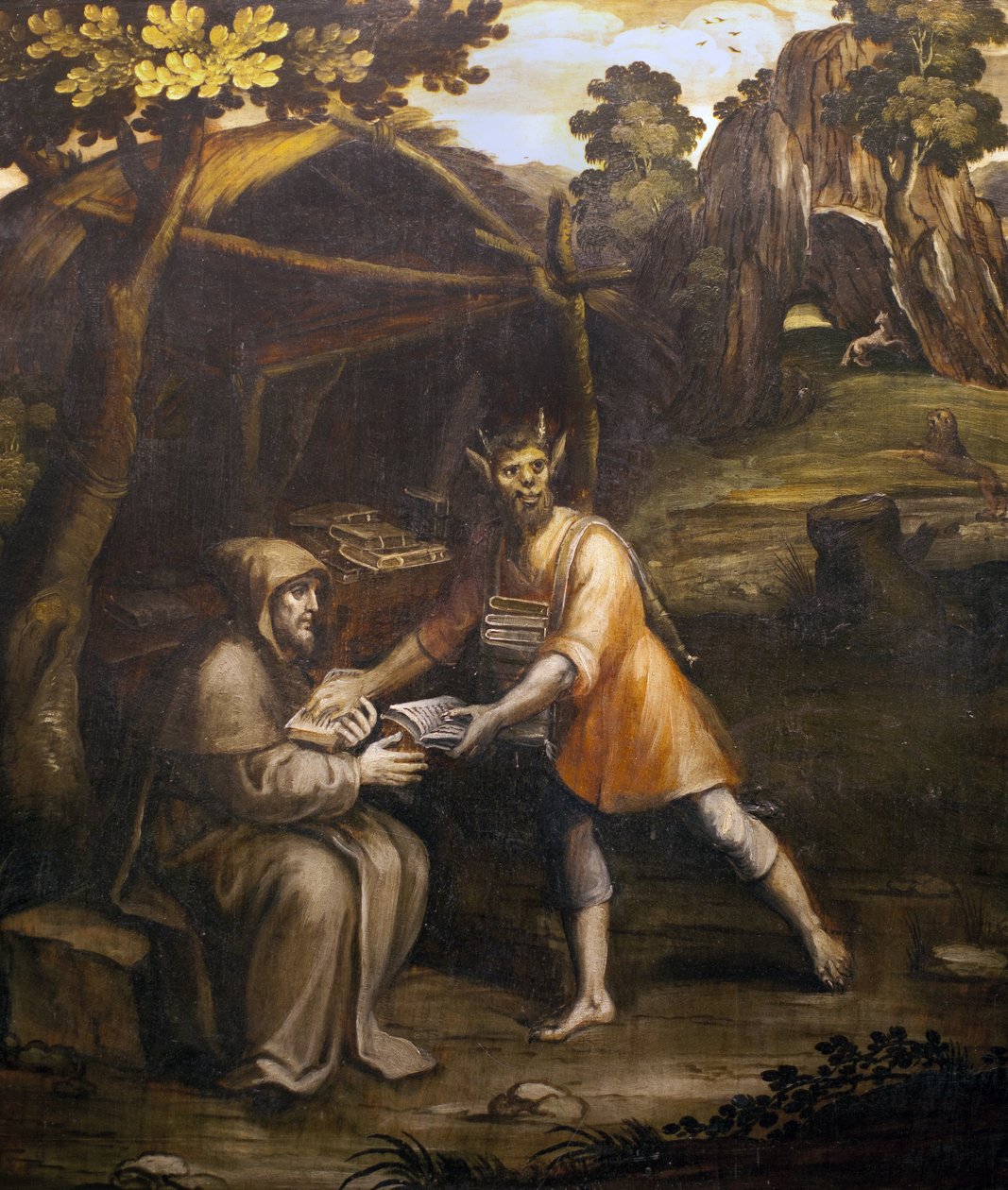 Diabeł bierze święte księgi i zastępuje je świeckimi księgami; Obraz Simao Rodriguesa (1560-1629); (Diabeł bierze święte księgi i zastępuje je świeckimi księgami; obraz autorstwa Simao Rodrigues autorstwa Simao Rodrigues