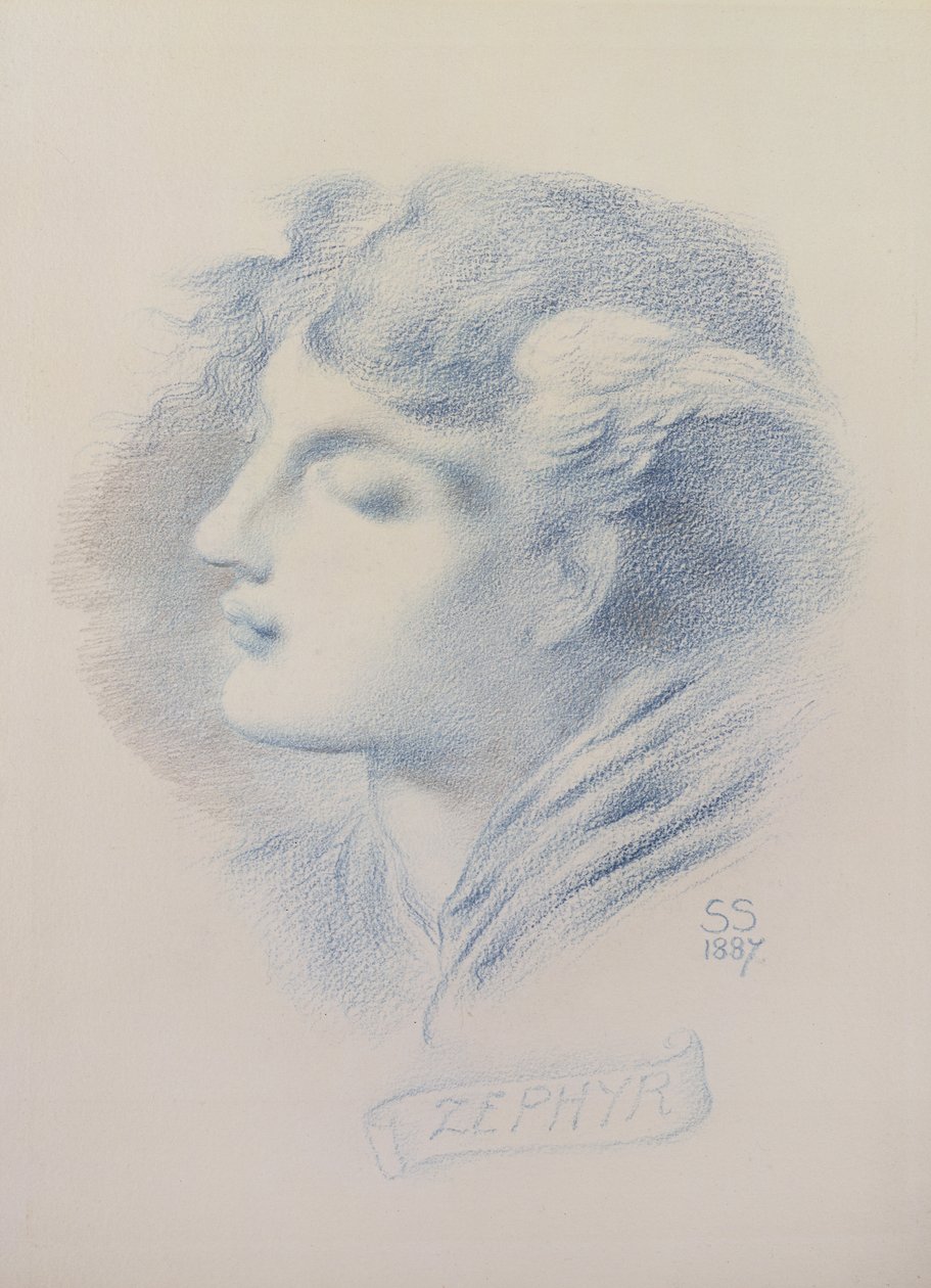 Zephyr, 1887 (niebieska kredka i ołówek na papierze) autorstwa Simeon Solomon