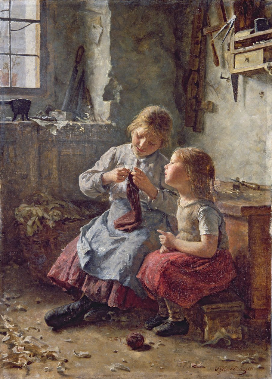 Robienie na drutach, 1891 autorstwa Simon Glucklich