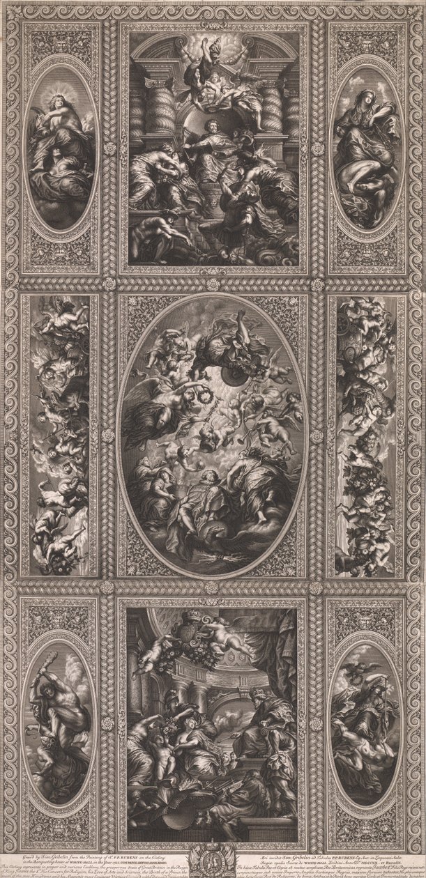 Z malowania sufitu w Domu Bankietowym w Białej Sali w roku 1720 autorstwa Simon Gribelin