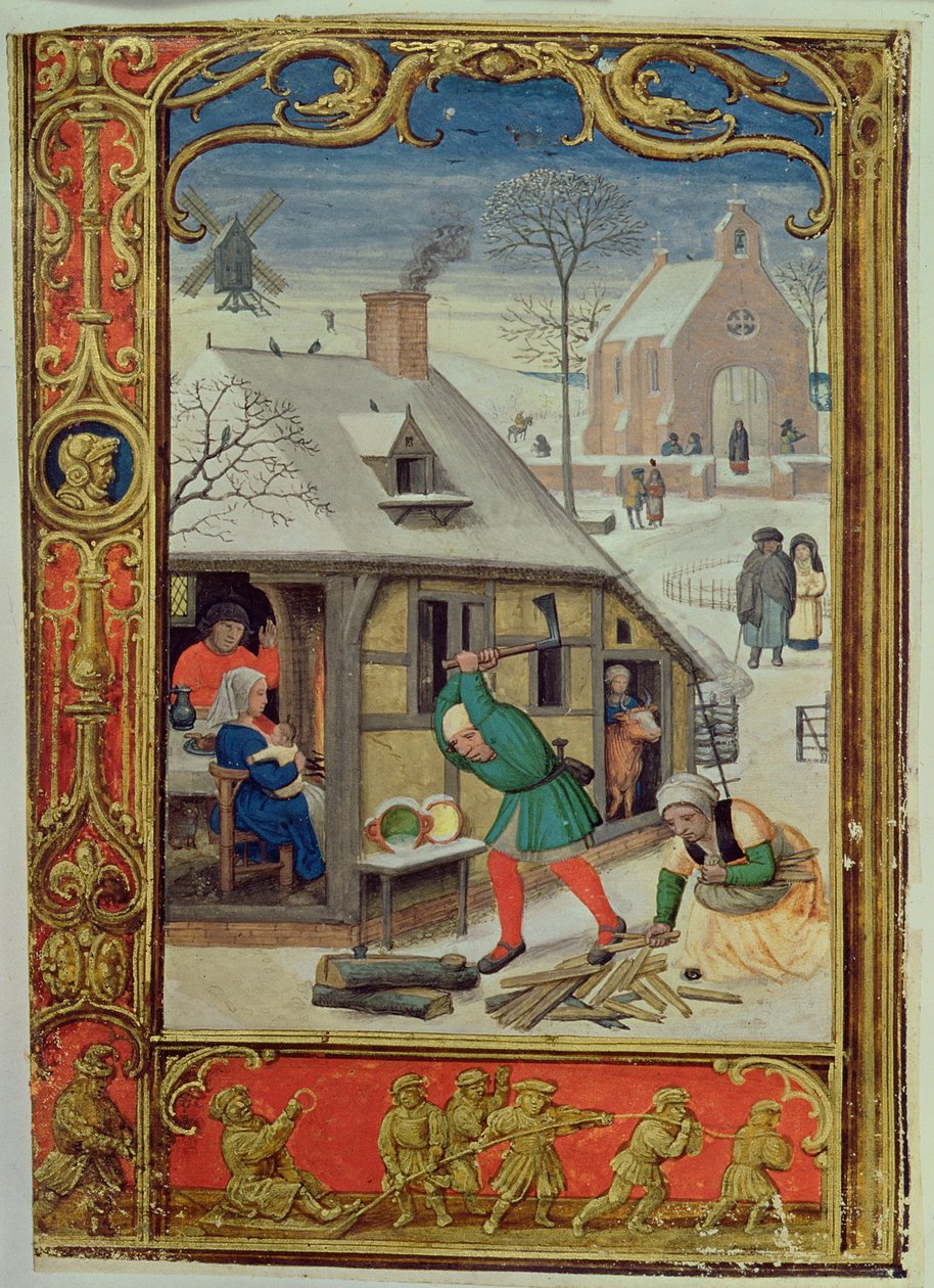Dodaj 24098 f.18v January: Rąbanie pni i sanki, z Księgi godzin lub Księgi golfa, c.1520-30 (welin) autorstwa Simon (workshop of) Bening