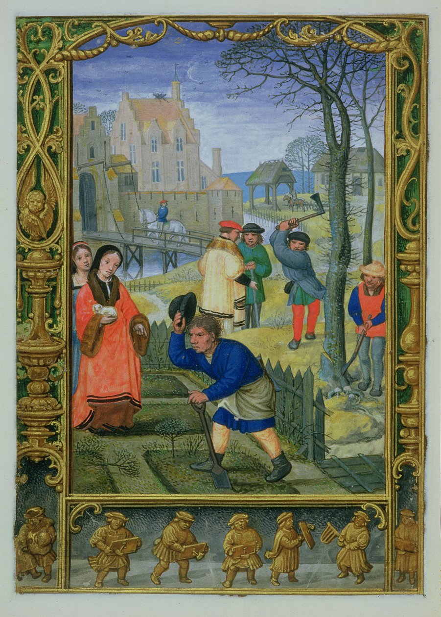 Dodaj 24098 f.20v marzec: Ogrodnictwo i wycinanie drzew, z Księgi godzin lub Księgi golfa, c.1520-30 (welum) autorstwa Simon (workshop of) Bening
