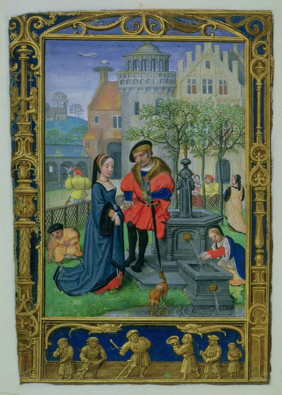 Dodaj 24098 f.21v kwiecień: Zaloty, z Book of Hours lub Golf Book, c.1520-30 (welum) autorstwa Simon (workshop of) Bening