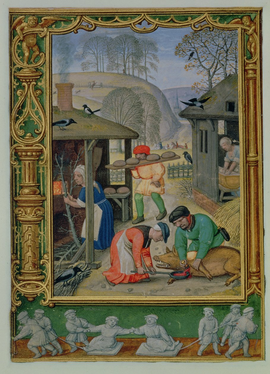 Dodaj 24098 f.29v grudzień: Przygotowanie jedzenia na zimę, pieczenie chleba i zabijanie świni, z Book of Hours lub Golf Book, c.1520-30 (welum) autorstwa Simon (workshop of) Bening