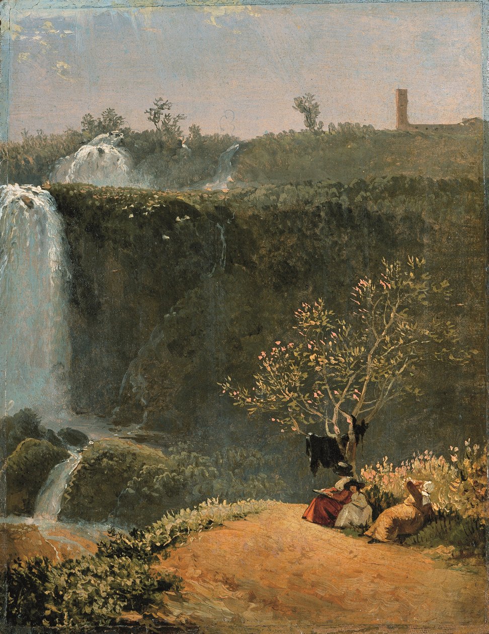 Elisabeth Louise Vigée-Lebrun rysująca wodospad Tivoli z córką Julie i jej guwernantką (olej na papierze zamontowany na płótnie)) autorstwa Simon Alexandre Clément Denis