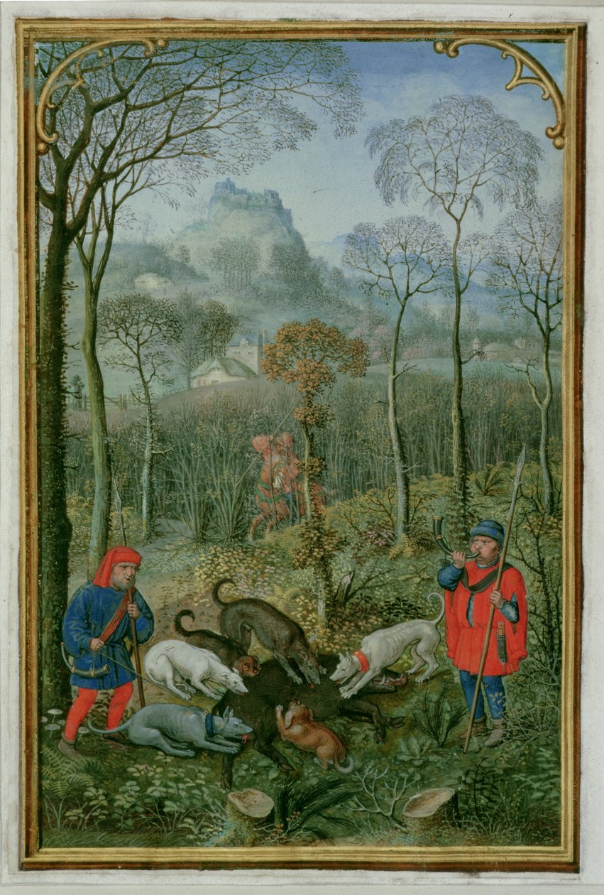 18855 f.108v grudzień: zabicie dzika, z Księgi godzin, ok. 1540 (welum) autorstwa Simon Bening