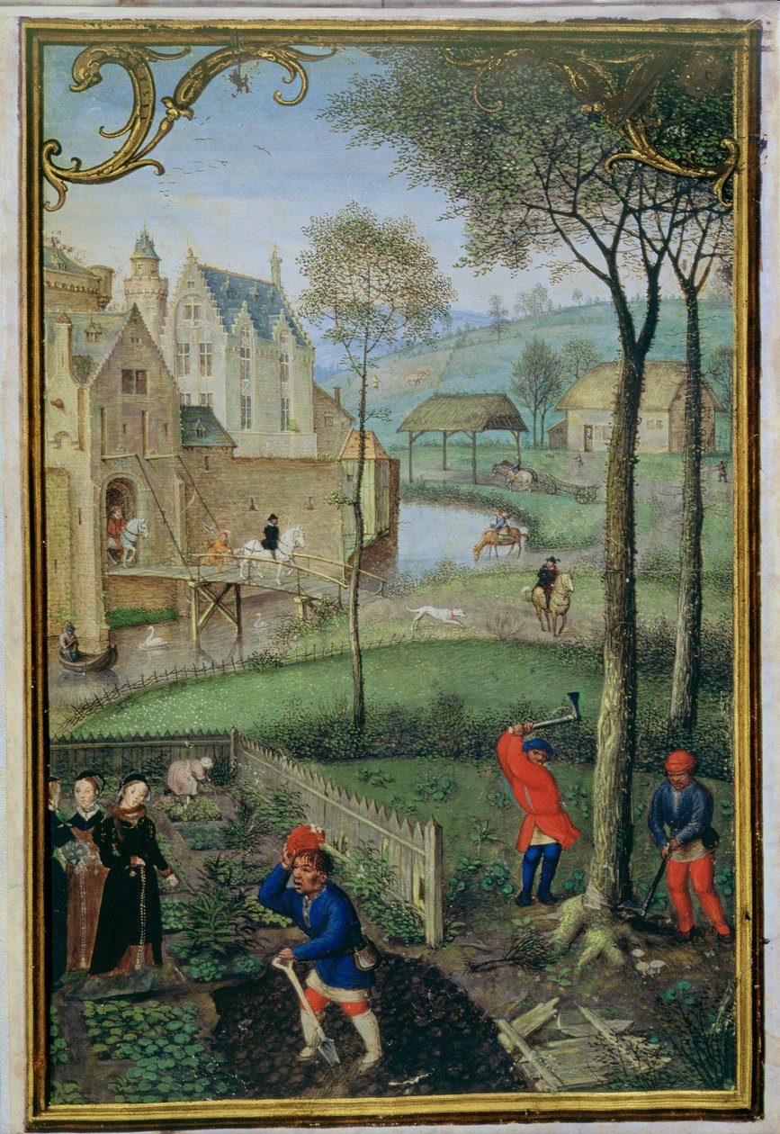Dodaj 18855 f.108 marzec: ścinanie drzew, z Księgi Godzin, ok. 1540 (welum) autorstwa Simon Bening