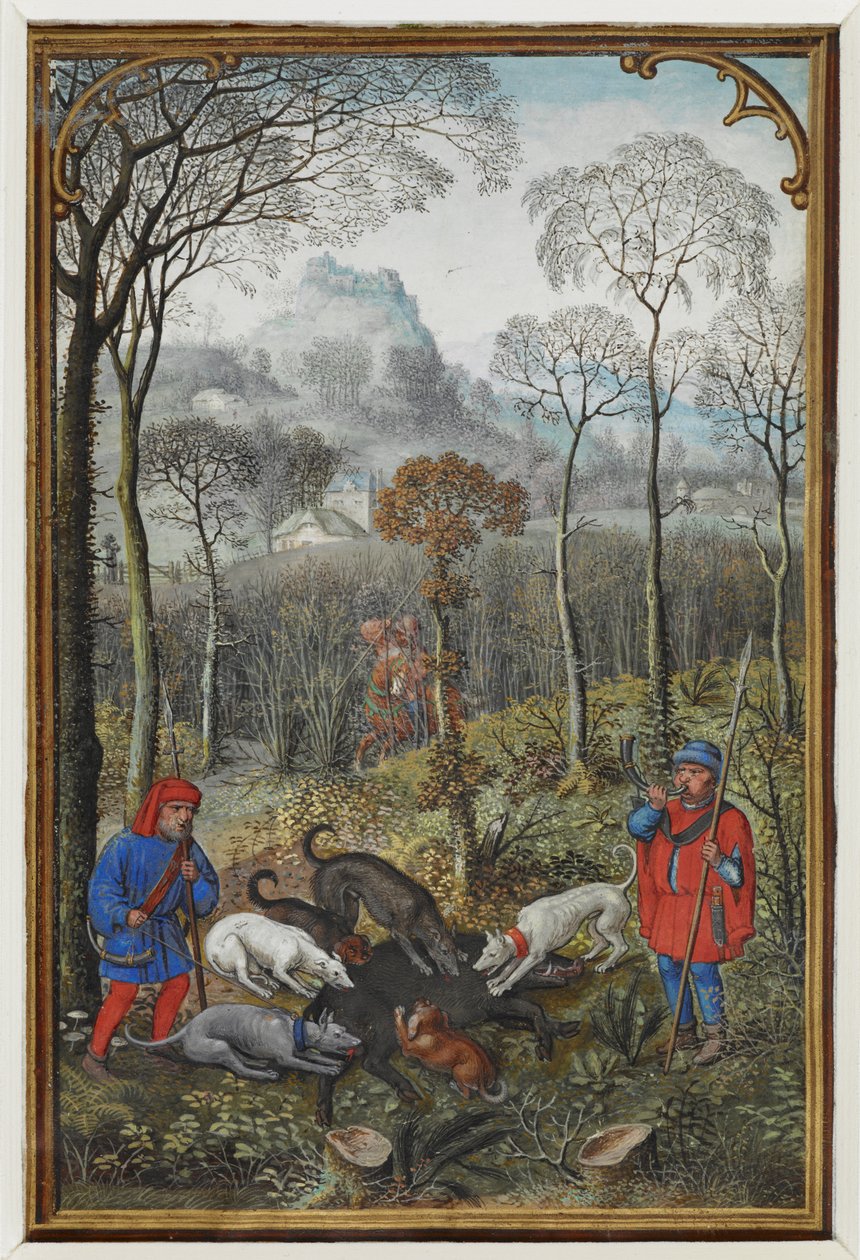 Dodaj miniaturę kalendarza MS 18855 f.108v na grudzień przedstawiającą welinę polowania na dzika) autorstwa Simon Bening