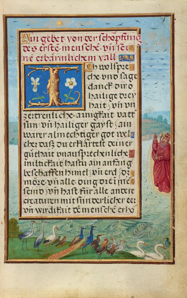 Bordüre mit der Erschaffung von Vögeln und Fischen autorstwa Simon Bening