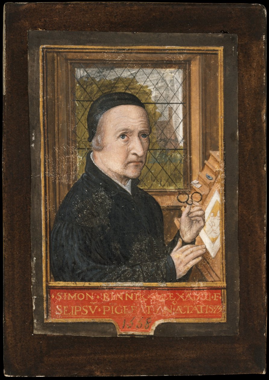 Autoportret, 1558 (tempera i złoty płatek na pergaminie) autorstwa Simon Bening