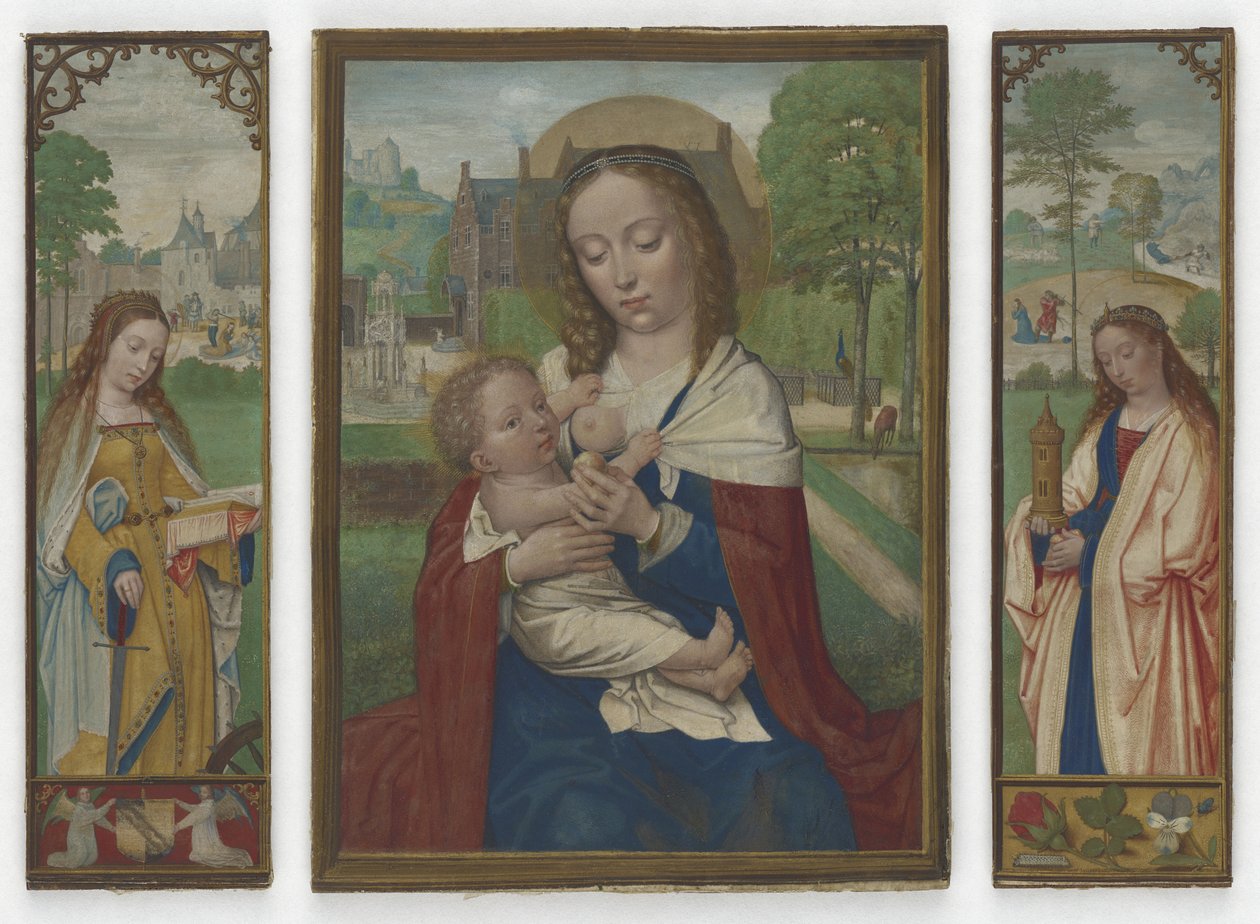 Dziewica i Dziecko; Święci Katarzyna i Barbara, ok. 1520 (tempera na welinie) autorstwa Simon Bening