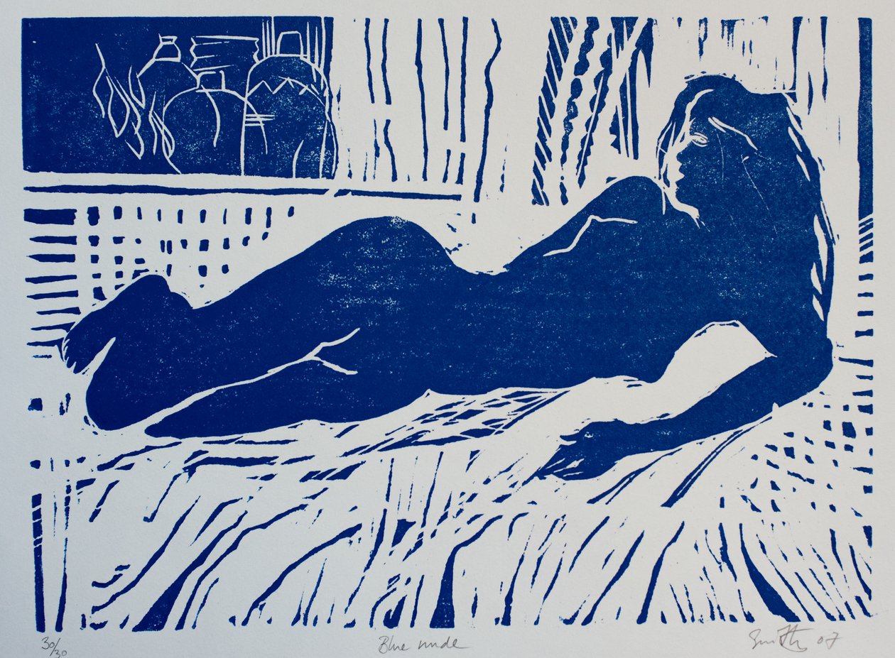 Niebieski akt, 2007 (drzeworyt) autorstwa Simon Fletcher