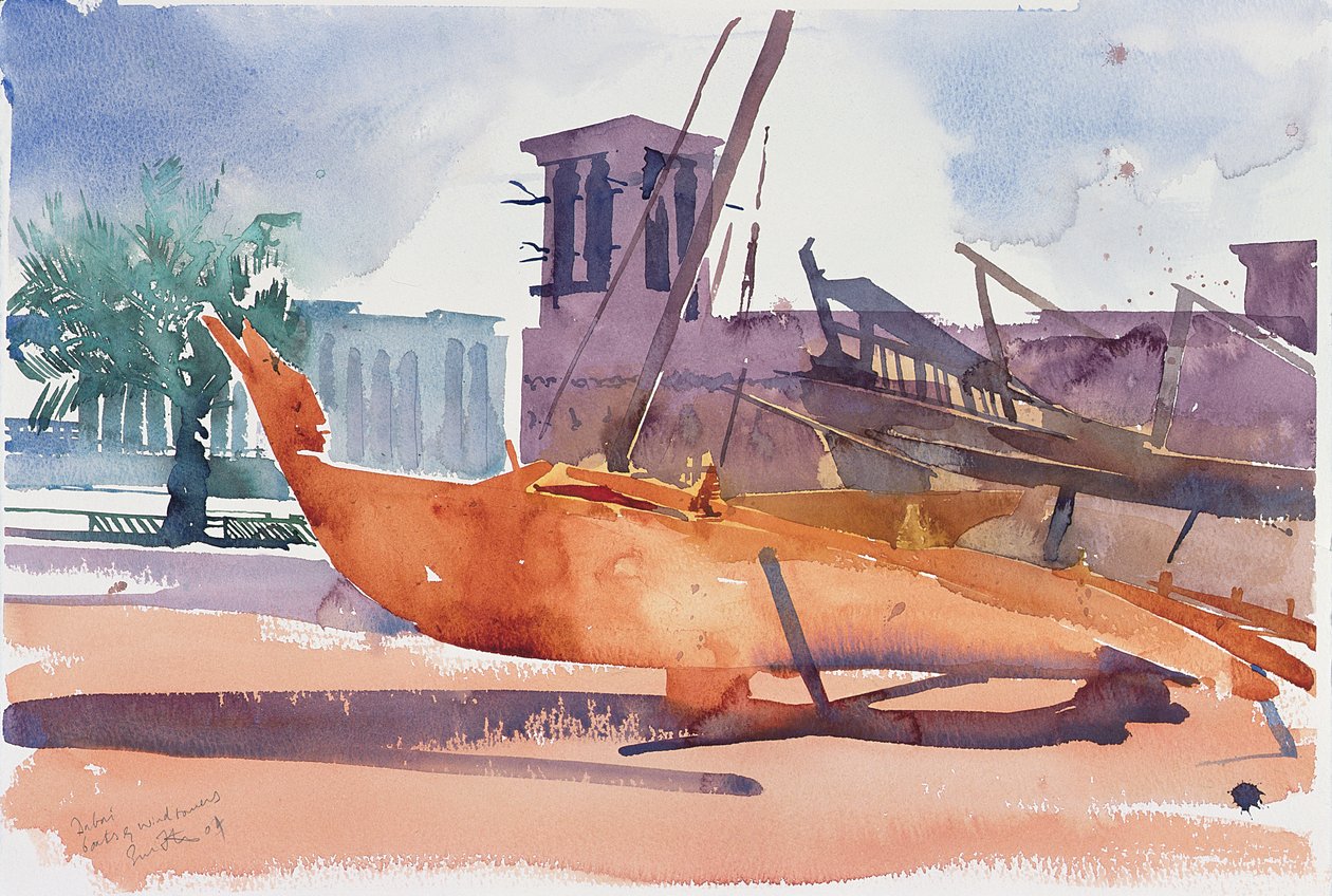 Dubaj, łodzie i wieże wiatrowe, 2004 (akwarela na papierze) autorstwa Simon Fletcher