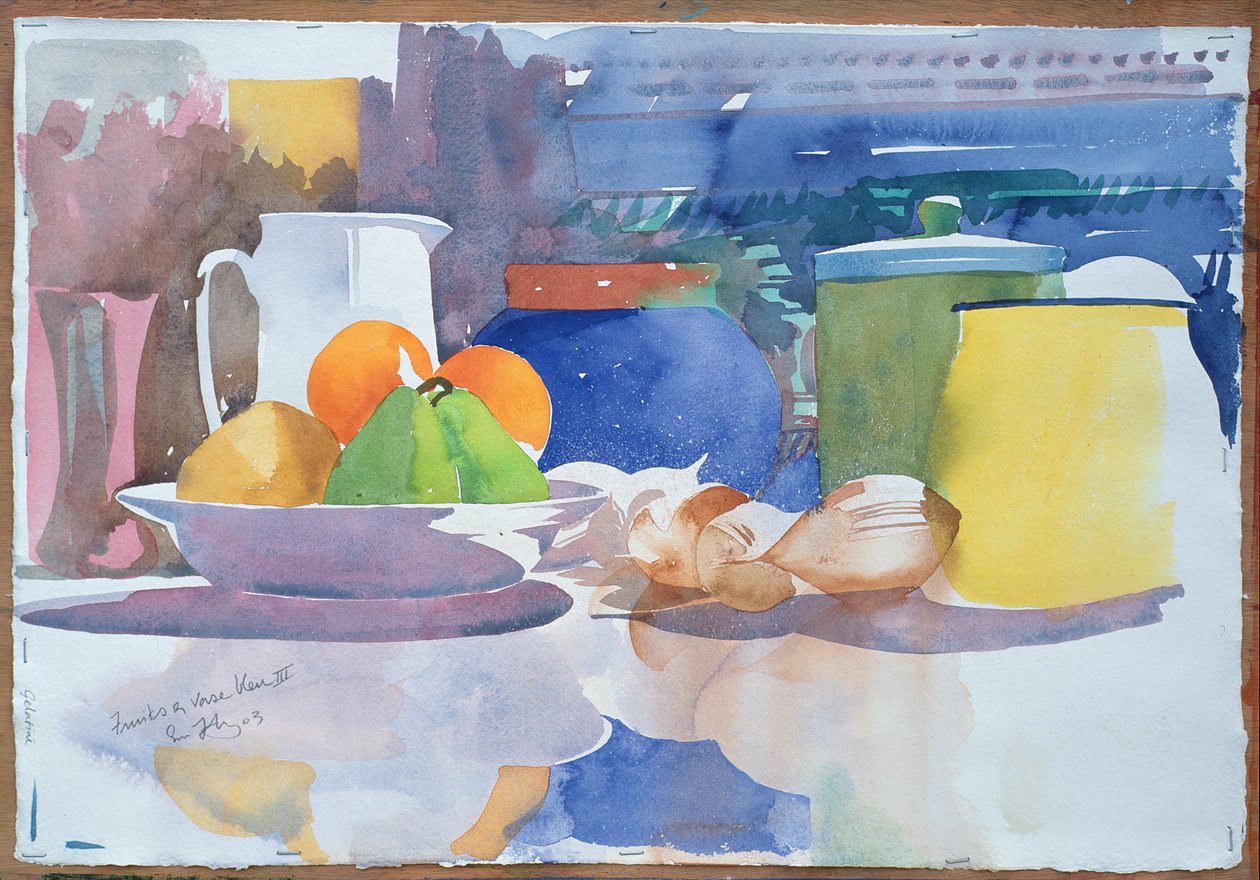 Fruits et Vase Bleu II, 2003 (akwarela na papierze) autorstwa Simon Fletcher