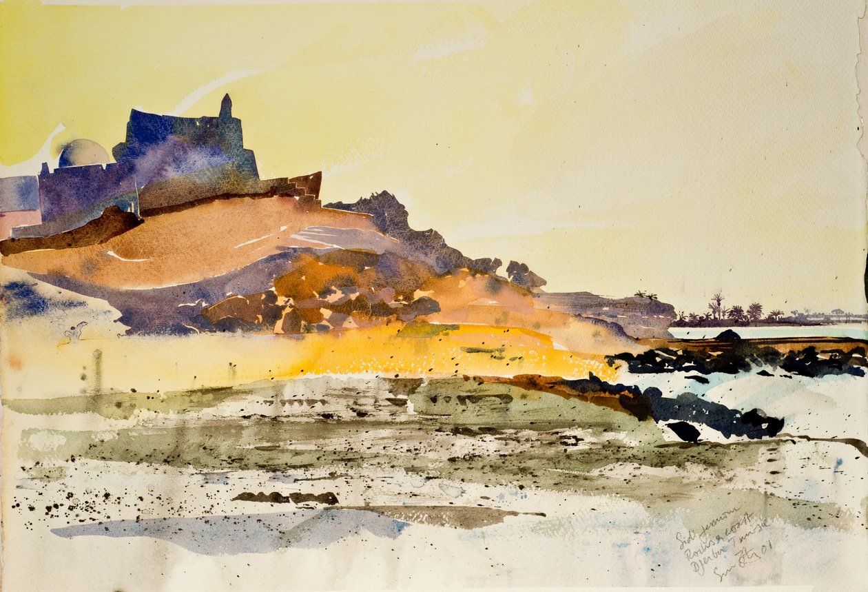 Sidi Jemour, skały i wybrzeże, Djerba Tunezja, 2000 (akwarela) autorstwa Simon Fletcher