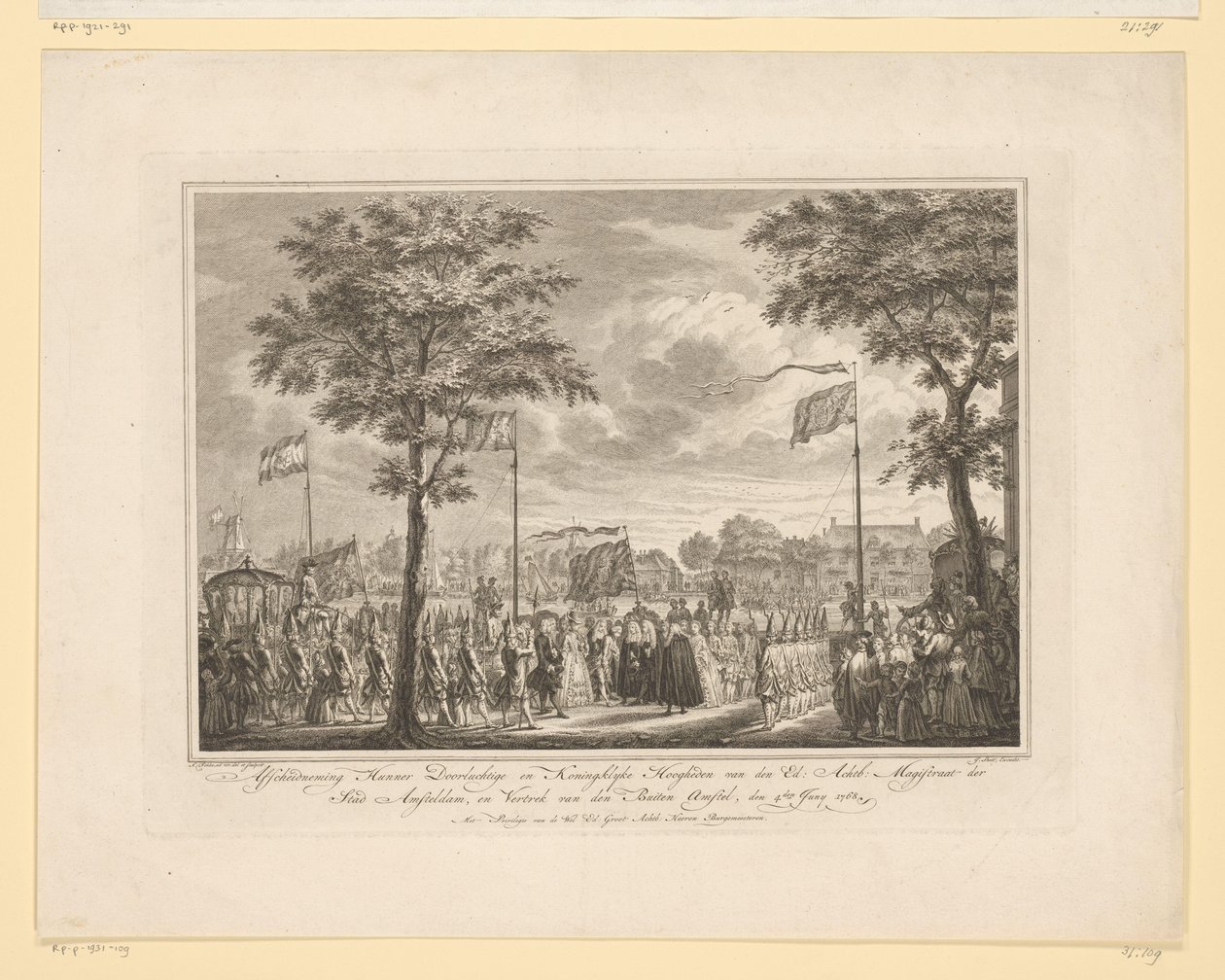 Pożegnanie Willema V i jego żony na Buiten Amstel, 1768 Pożegnanie Ich Pogodnych i Królewskich Wysokości z den Ed: Achtb: Sędzia Miasta Amsteldam i Wyjazd z den Buiten Amstel, 4 czerwca 1768 (tytuł na obiekcie) Obraz autorstwa Simon Fokke