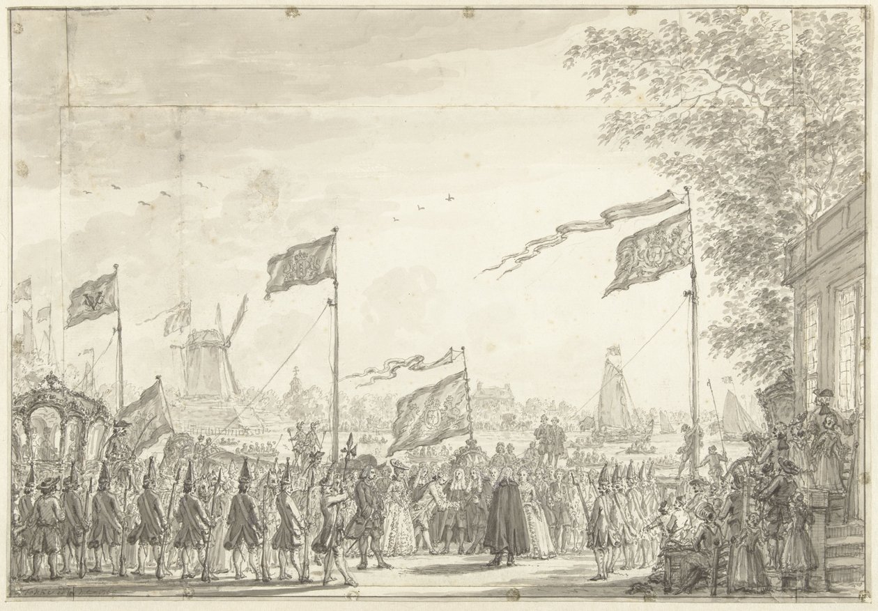 Pożegnanie Willema V i jego żony na Buitenamstel, 1768 autorstwa Simon Fokke