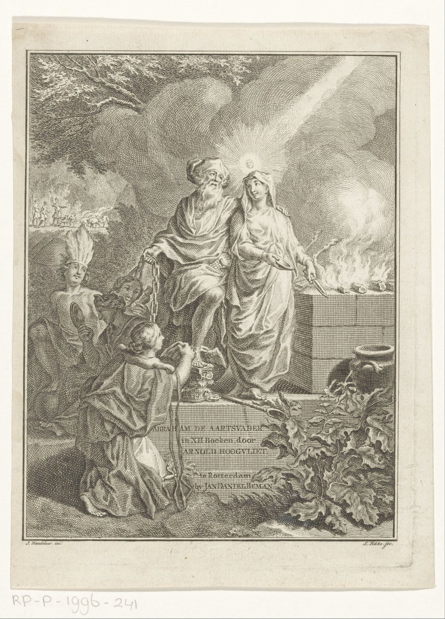 Alegoryczna karta tytułowa z Patriarchą Abrahamem i Prawdą Strona tytułowa dla: Arnold Hoogvliet, Abraham patriarcha, w XII Boeken, s.a. autorstwa Simon Fokke
