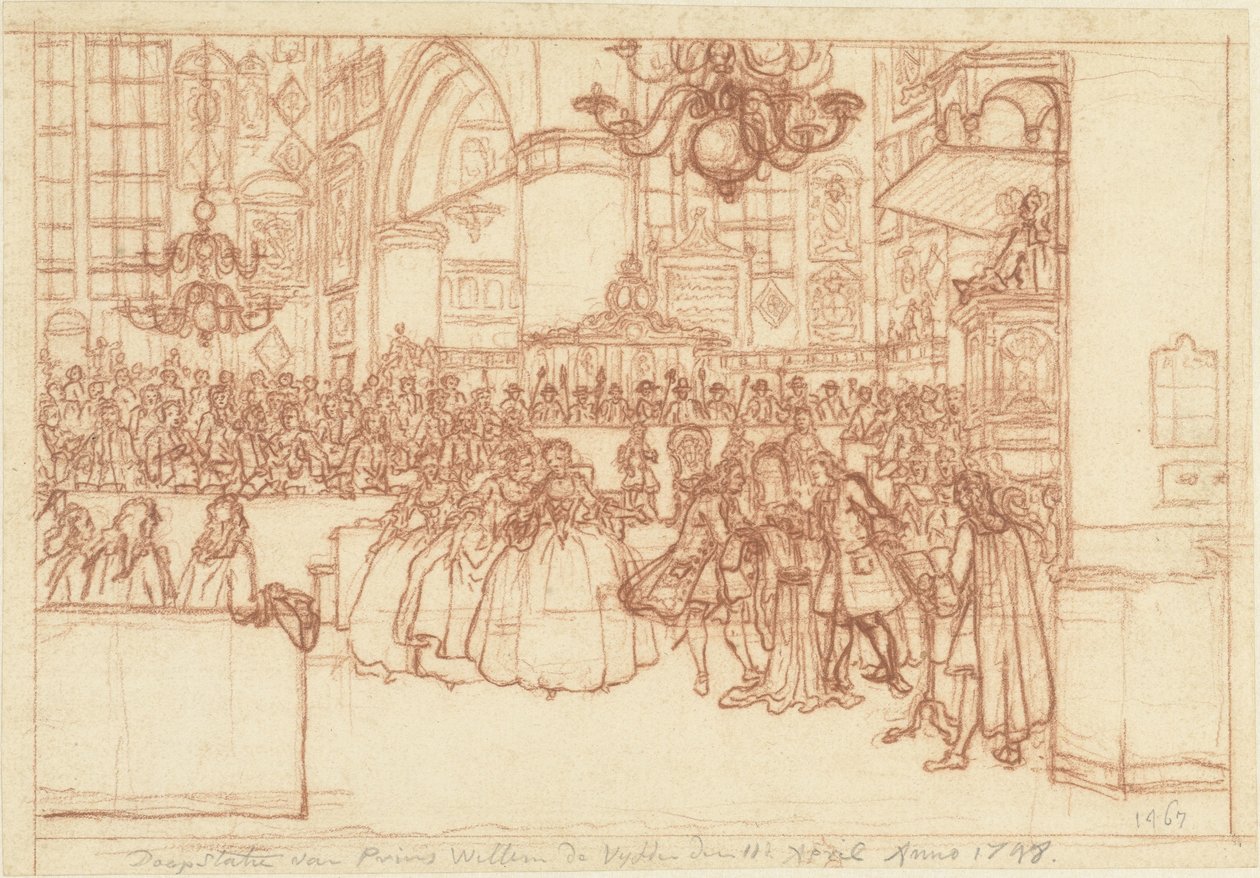 Chrzest księcia Wilhelma V, 1748 Chrzest księcia Willema de Vyfde 11 kwietnia anno 1748 (tytuł na obiekcie) autorstwa Simon Fokke