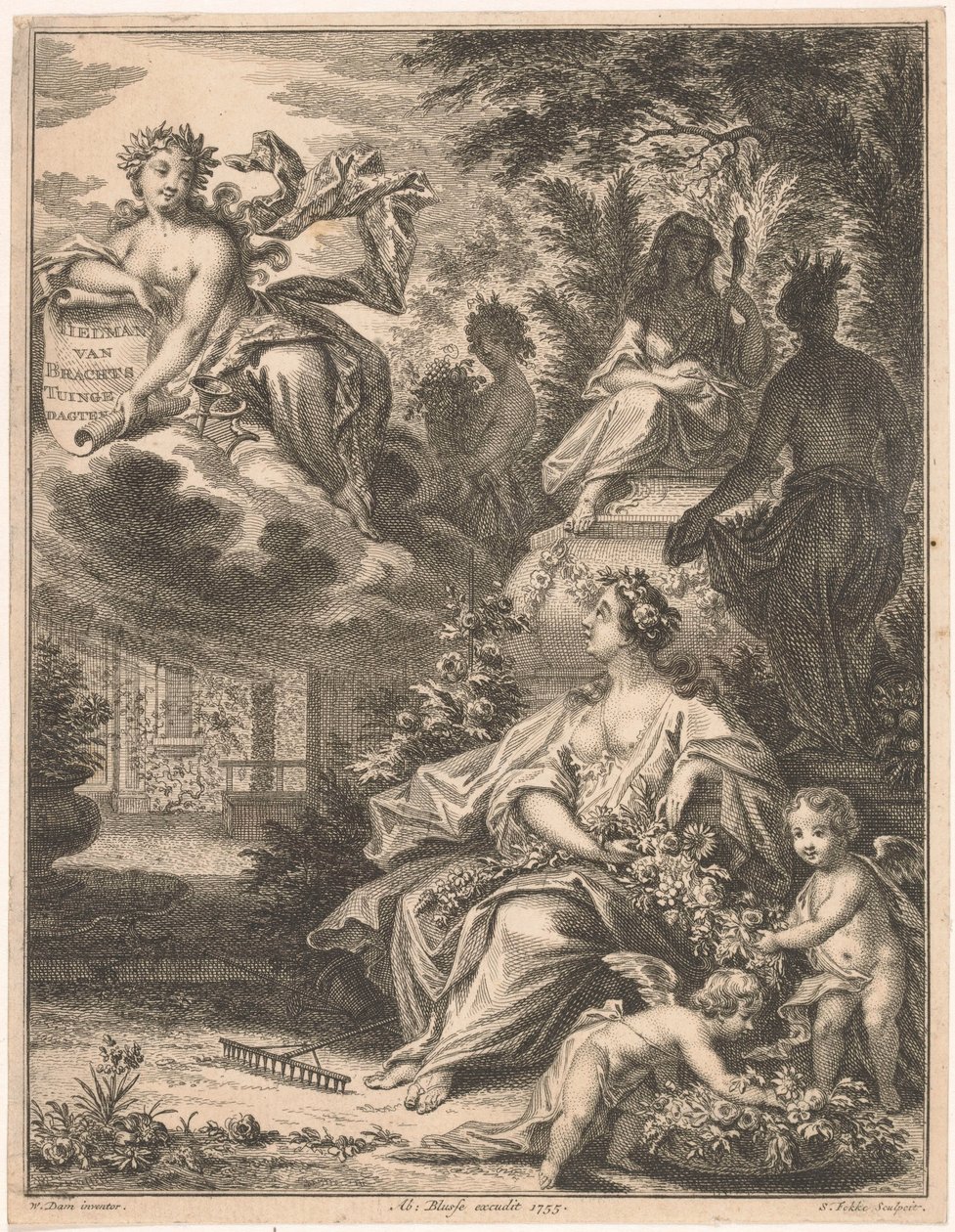 Flora w ogrodzie Strona tytułowa dla: Tielman van Bracht, Tuingedagten. W sześciu kursach, 1754 autorstwa Simon Fokke