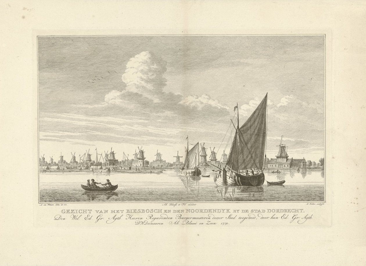 Widok na Biesbosch i Noordendijk w pobliżu Dordrecht Widok na Biesbosch i den Noordendyk przy mieście Dordrecht (tytuł na obiekcie) autorstwa Simon Fokke